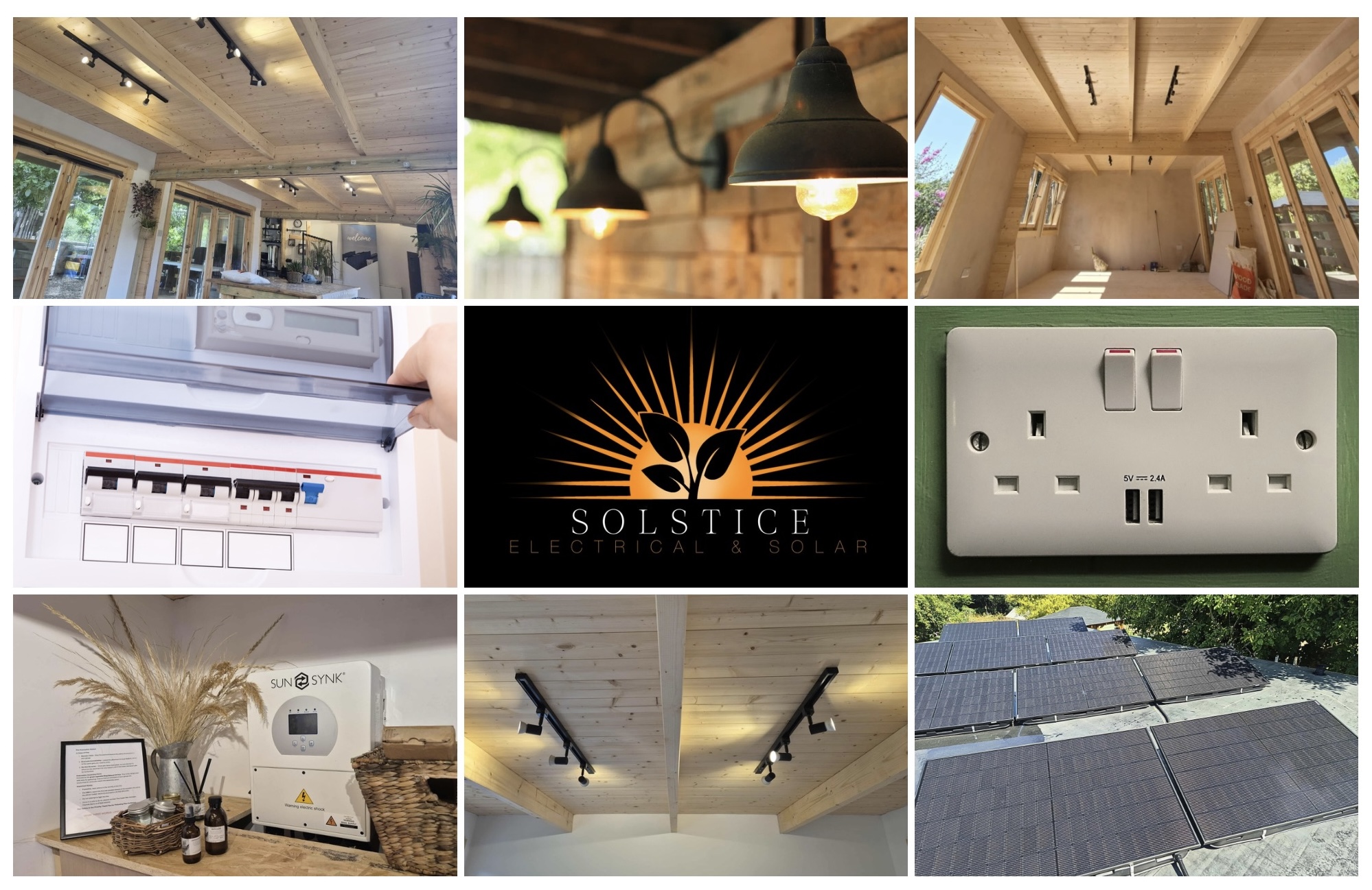 A modern interior space with wooden beams and multiple ceiling lights.